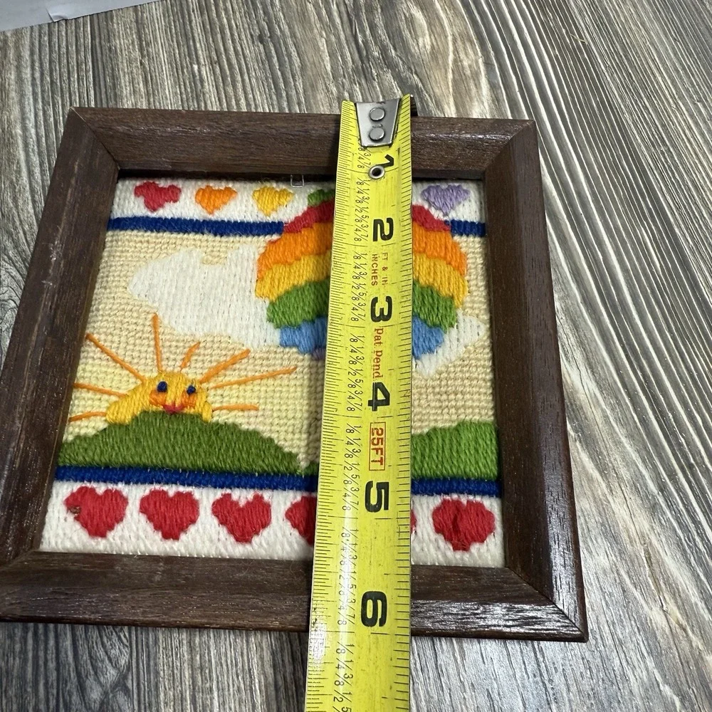 Framed Vtg Completed Needlepoint Hot Air Balloon Colorful Sun 6.5